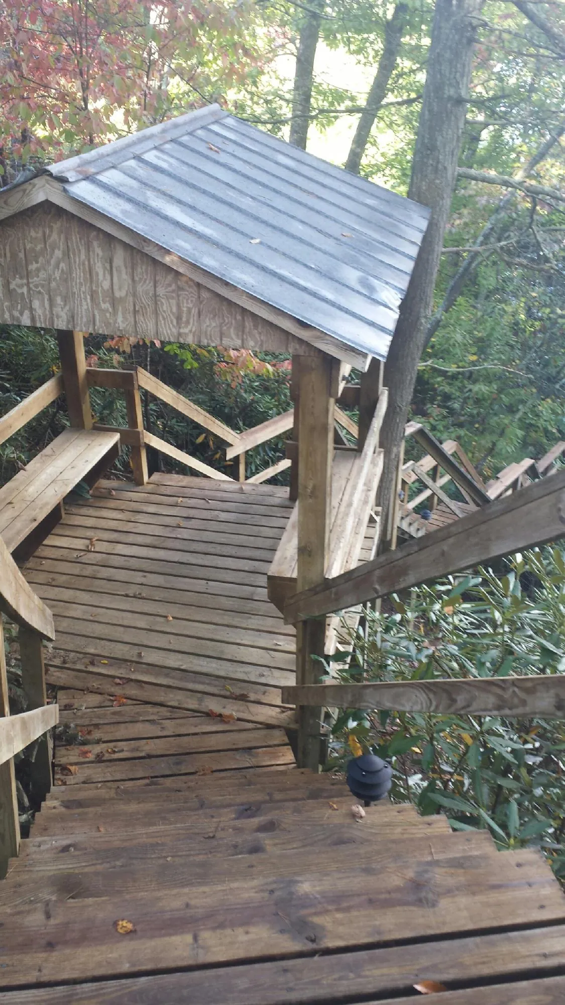 Metal roofed shelter over wooden steps on a wooded walkway — Skylight Repair & Installation work by our crew in Fredericktown